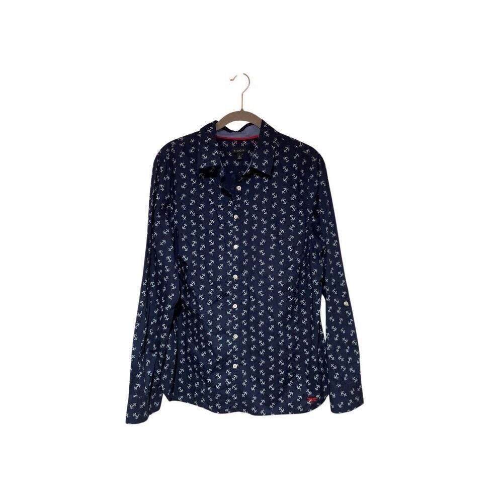 Talbots Woman’s Button Down Long Sleeve Nautical Anchor Blouse size 14 ￼￼